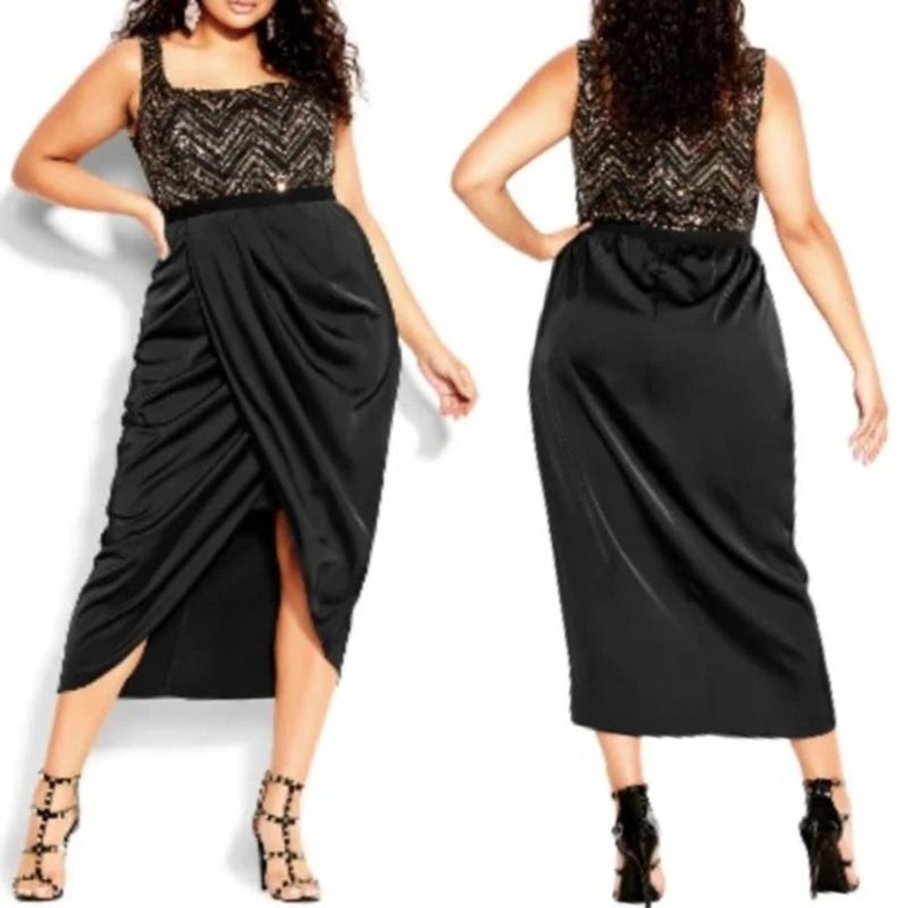 City Chic Sequin Midi Dress 16 Chevron Satin Tulip High Low Sleeveless Black NEW